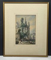 Framed watercolour painting showing ivy-covered ruins, human figures, and a dog in the foreground, with dimensions noted.