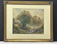 Full view of the framed painting showing the countryside with shepherd and sheep in a decorative gold-tone frame.