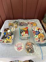 Wide view of multiple plastic containers of assorted collectible pins on white table.