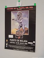Photo of Rolling Stones Bridges to Babylon 1998 tour concert poster for Puerto de Málaga, Spain dated July 16, 1998. Front view showing entire poster taped to wall.