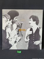 Front cover of vinyl LP record sleeve showing black and white image of band members interacting, with a central band logo.