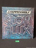 Front of Steppenwolf Slow Flux vinyl LP album cover with embossed textured lettering in silver, blue and pink hues.