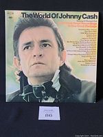 Front cover of The World Of Johnny Cash vinyl LP set featuring Johnny Cash's portrait and song titles.