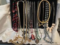 Group lot of assorted fashion jewelry necklaces displayed on a black jewelry organizer including beaded and chain styles.