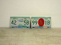 Front view of two Prince Edward Island snowmobile trail license plates lying flat, showing their numbering, stickers, and overall condition.