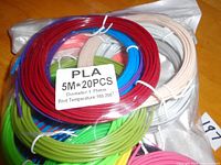 Photo of 3D pen filament coils in multiple colors neatly bundled with a label showing 5M*20PCS, PLA, diameter 1.75mm, print temp 160-200°C.