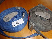 Two coiled restraining straps on a wooden surface, one blue and one gray, each equipped with metal cam buckles for securing.