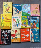 Full view of 12 colorful vintage Dr. Seuss books laid out on a floor, showing front covers.
