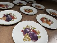 Close-up angled photo showing several plates highlighting fruit designs and gold trimmed scalloped edges.