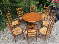 Eight ladder-back chairs arranged around round table top outdoors
