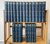Photo showing the full set of 16 Encyclopaedia Judaica volumes plus 1 Decennial Book and 4 Year Books on a wooden shelf.