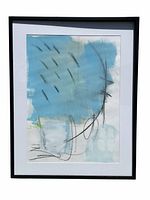 Frontal photo of the framed abstract mixed media artwork showing blue and white color fields with black linear marks.