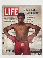 Full front cover of Life Magazine with Muhammad Ali standing with boxing gloves looking at the camera. Cover headlines include "Look out—he's back" and "New GIs in Vietnam: commanding them in the old way is out." Dated October 23, 1970.