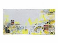 Full view of the mixed media canvas artwork 'Rival Dog Food' showing composition including painted elements, printed paper collage, and drawn dog figure.