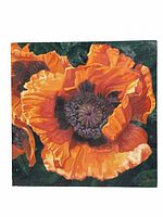 Full view of the oil painting showing vibrant vermillion poppies with detailed petals and dark centers on a leafy green background.