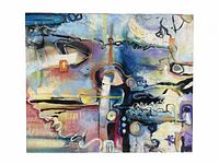 Front view of colorful abstract painting on canvas featuring dynamic brushstrokes and varied colors including blue, purple, and yellow.