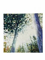 Front view of square canvas painting showing treetops and sunlight
