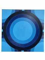 Front view of the square abstract painting showing concentric circles in blues and black.