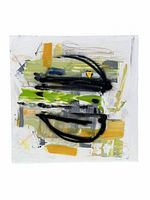 Front view of the abstract painting showing brush strokes in black, green, yellow and white with signature in lower right corner.