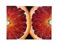 Front view of unsigned painting showing two halves of a red citrus fruit on canvas with artist initials JLS in the lower right.