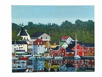 Full view of the painting showing harbor scene, buildings and reflections