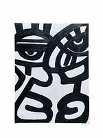 Front view of the abstract painting showing bold black lines creating stylized faces on a white canvas.