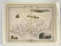 Full view of the antique hand-colored map mounted on a backing board showing the entire map including decorative borders and illustrations.