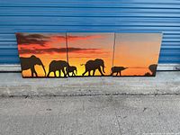 Three 20x20 inch panels aligned horizontally showing the entire elephant sunset artwork.