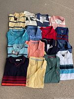 Top-down view of all 15 polo shirts arranged on floor, showing variety of colors and patterns, including some with tags visible.