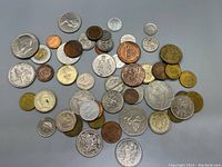 Coins spread out on a flat surface showing various sizes, colors, and designs including portraits, animals, and numeric values.