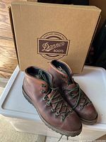 Full view of the Danner boots with box in the background, showing the overall condition and design.