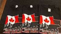 Three black vintage Canada T-shirts laid flat showing front graphic design with Canadian flag, black bear and pine trees, and the word 'Canada'