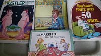 Four vintage adult humor joke books with illustrated covers showing topics like marital humor, aging, and satirical cartoons.
