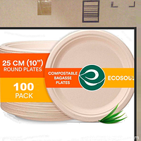 Packaged stack of 100 compostable round plates with brand and product label visible showing 25 cm (10 inch) size and compostable bagasse material.