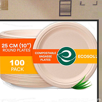Photo of the 100-pack box label showing the product name, size 25 cm (10 inches), round compostable bagasse plates by Ecosoul.