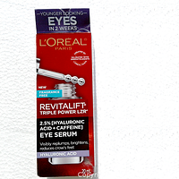 Front label of the L'Oreal Revitalift Triple Power LZR Eye Serum box showing product name, benefits, and size.