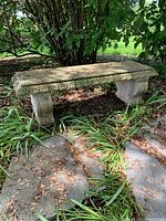 Overall view of the cement bench placed outdoors under trees with surrounding grass and leaves.