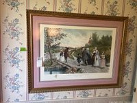 Full frontal view of the framed print showing the artwork and the shaped wooden gold frame with floral wallpaper background.