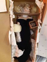 Full view of the boxed Lady Diana doll with protective wrapping around hands and head.
