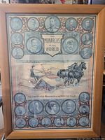 Front view of the framed art print showing the monarchs' portraits and the central agricultural image