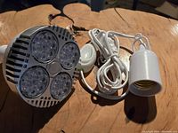 Close-up of the red light therapy LED bulb with four LED clusters and part of the white power cord with inline switch and socket visible on a wooden surface.