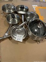 Photo showing multiple stainless steel saucepans and pots of various sizes, all with glass lids, arranged on cardboard.