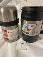 Two large thermoses side by side, showing brand labels Bubba and Master Chef, both 34oz capacity.