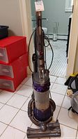 Full upright view of Dyson DC25 vacuum showing handle, hose, and dust bin with some debris inside.