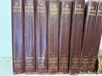 Image showing spines and titles of eight volumes of The Dominion Educator series, numbered 1 to 8 with associated page ranges and topics.