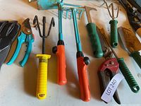 Varied garden hand tools including pruners, hand rakes, soil diggers arranged on a wooden surface.