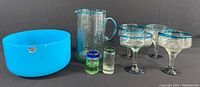 Full lot showing the blue Bohemia crystal bowl, the glass pitcher, four margarita glasses, and two shot glasses.