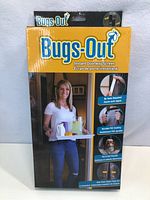 Photo of the Bugs-Out Instant Doorway Screen in its original packaging showing product benefits including no tools required installation, durable PVC coating, pet and kid friendly, and automatic magnetic closure.