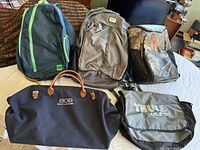 Overview of five bags: MEC backpack navy with green zipper, grey Burton backpack, Realtree camo Arctic Zone backpack, black BOB duffle with tan handles, grey Thule Quest messenger bag.