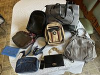 Full view of the 8 purses and handbags laid out on white cloth showing size, shape, and colors